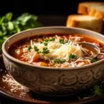 a bowl of lasagna soup, beautifully garnished with fresh parsley and grated Parmesan cheese