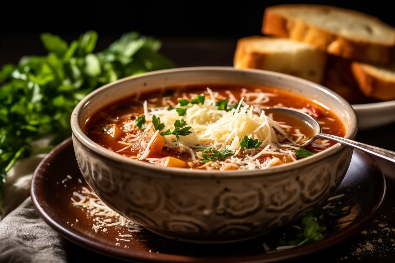 a bowl of lasagna soup, beautifully garnished with fresh parsley and grated Parmesan cheese