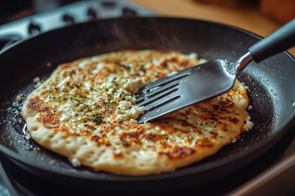 a cottage cheese flatbread cooking on a nonstick pan, a spatula sliding under it