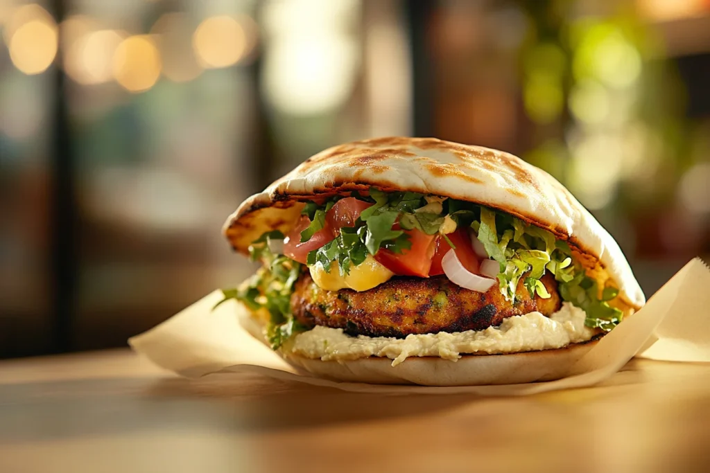 a falafel sandwich, overflowing with fresh ingredients like hummus, lettuce, and tomatoes, nestled in a warm pita