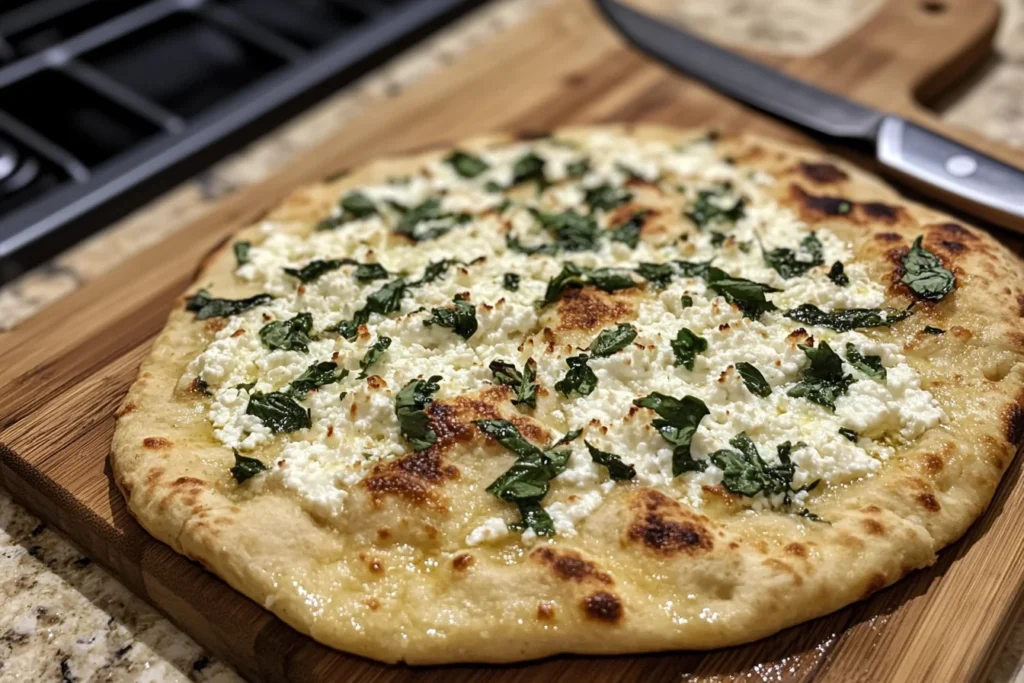 a finished cottage cheese flatbread on a wooden cutting board, a knife nearby ready to cut it