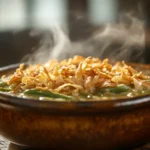 a freshly baked Campbell's Green Bean Casserole in a rustic ceramic dish