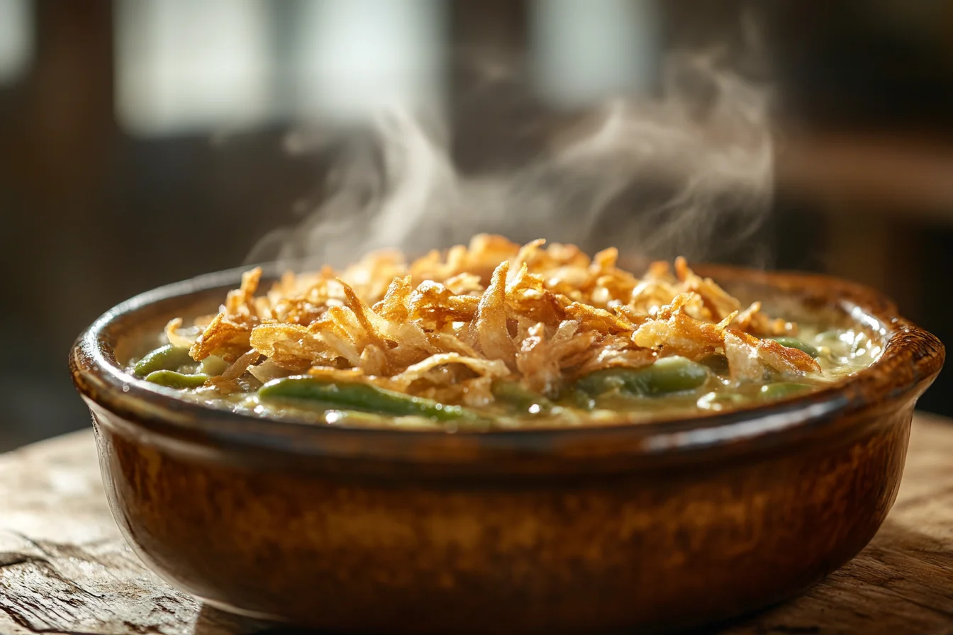 a freshly baked Campbell's Green Bean Casserole in a rustic ceramic dish