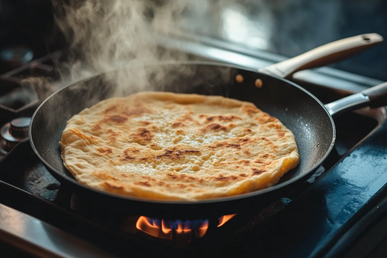 a golden-brown cottage cheese flatbread cooking in a nonstick pan on a stove