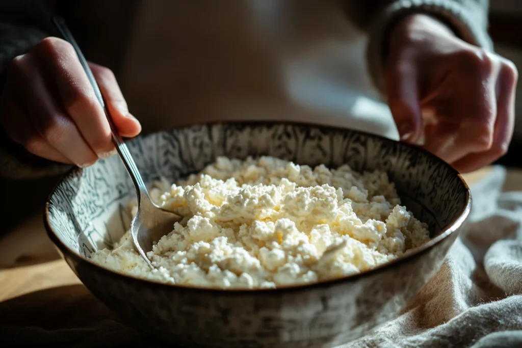 a hands gently mixing cottage cheese and flour in a bowl, a spoon is visible