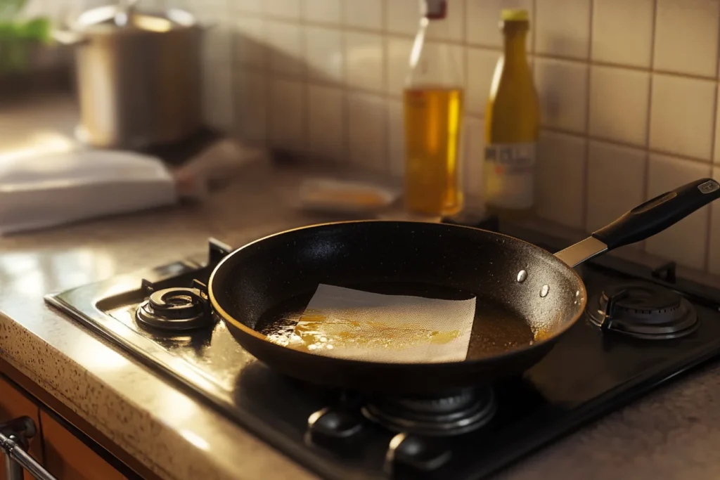 a nonstick pan being greased with a paper towel and olive oil on a stovetop