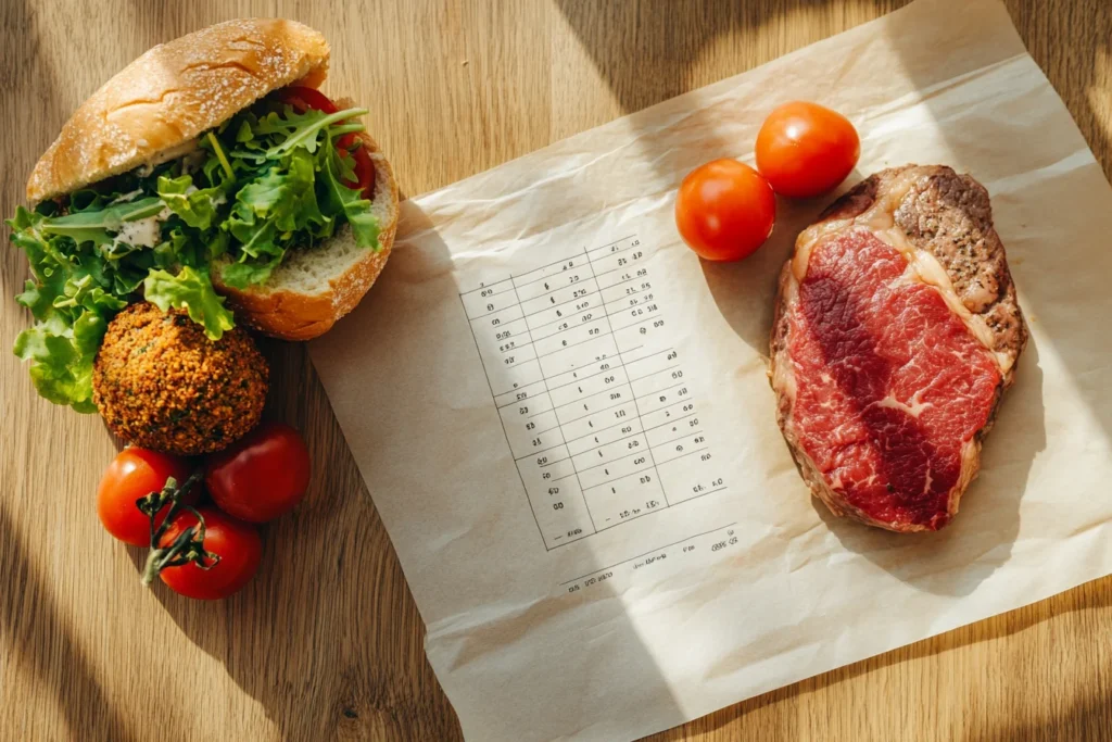 a nutritional data table comparison laid out on a clean wooden table