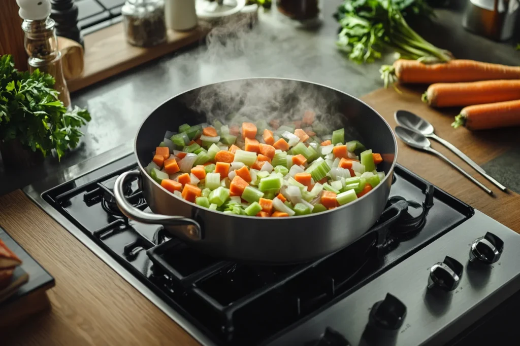 a pot on a stovetop, showing diced onions, carrots, and celery being sautéed in olive oil