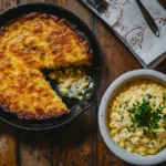 a rustic wooden table. A cast iron skillet filled with golden, slightly crusty cornbread sits in the center