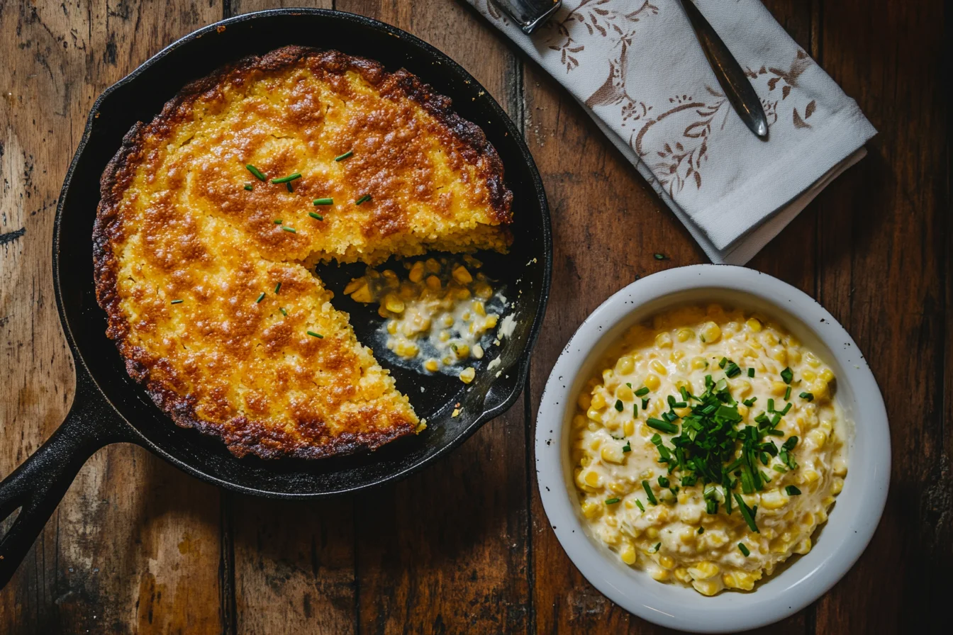 a rustic wooden table. A cast iron skillet filled with golden, slightly crusty cornbread sits in the center