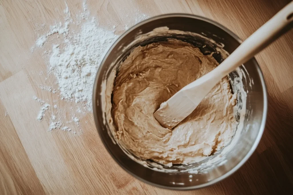 a stainless steel mixing bowl containing muffin batter, captured from a position slightly above