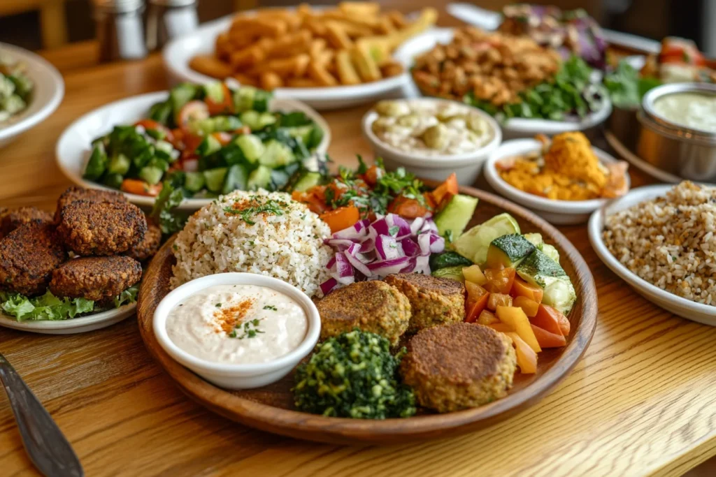 a table setting, a diverse assortment of plant-based dishes, including falafel, vegetables, and whole grains