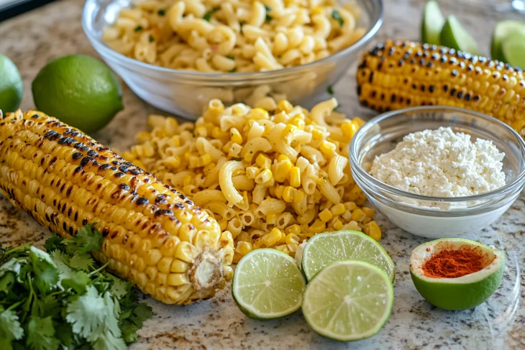 close up of a variety of fresh ingredients for Mexican street corn pasta salad laid out on a clean kitchen counter including, cooked pasta in a bowl