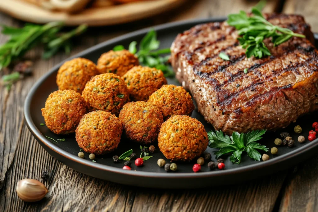 a comparison of a plate of golden-brown falafel balls next to a portion of grilled steak