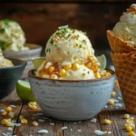 front view of several scoops of homemade sweet corn ice cream in different bowls and waffle cones