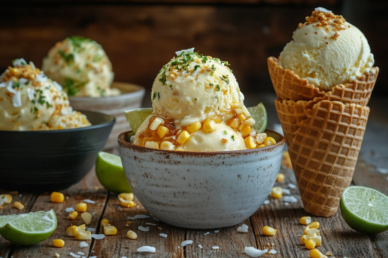 front view of several scoops of homemade sweet corn ice cream in different bowls and waffle cones