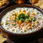 front-view shot of a bowl of creamy corn dip with cream cheese, garnished with chopped cilantro and a sprinkle of paprika