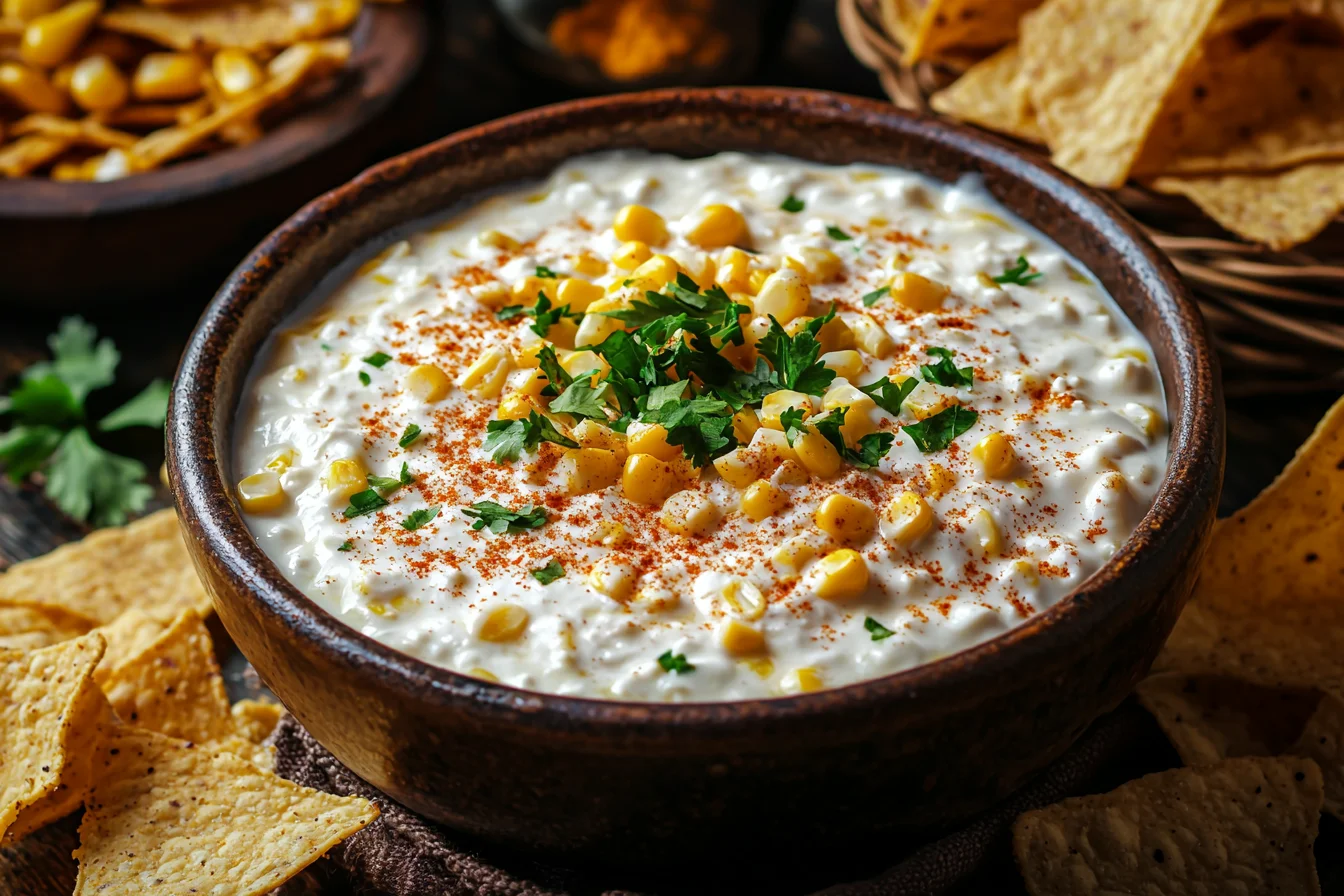 front-view shot of a bowl of creamy corn dip with cream cheese, garnished with chopped cilantro and a sprinkle of paprika