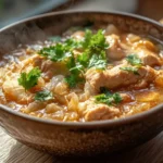 top-down view of a bowl of steaming hot chicken and cabbage soup