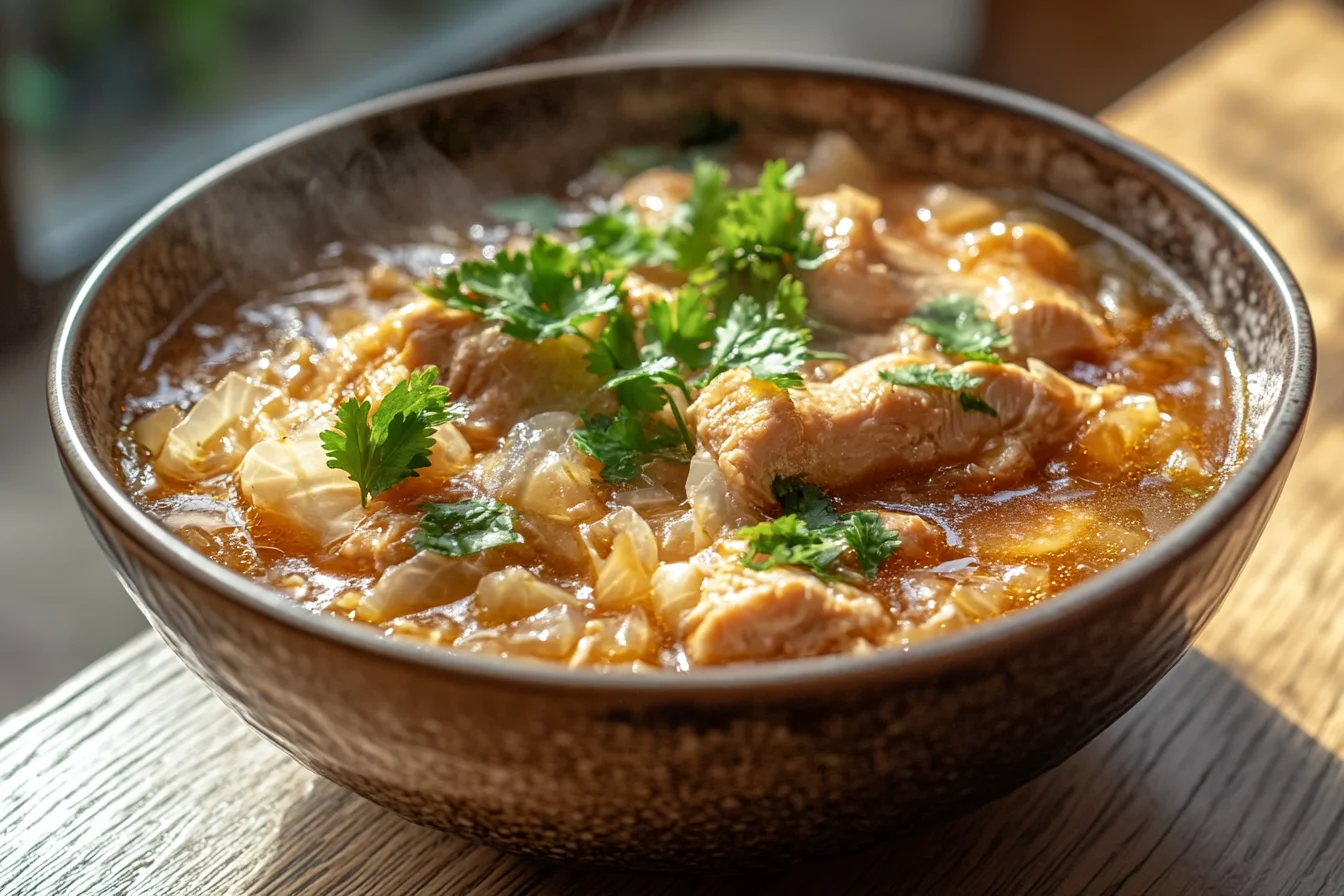 top-down view of a bowl of steaming hot chicken and cabbage soup