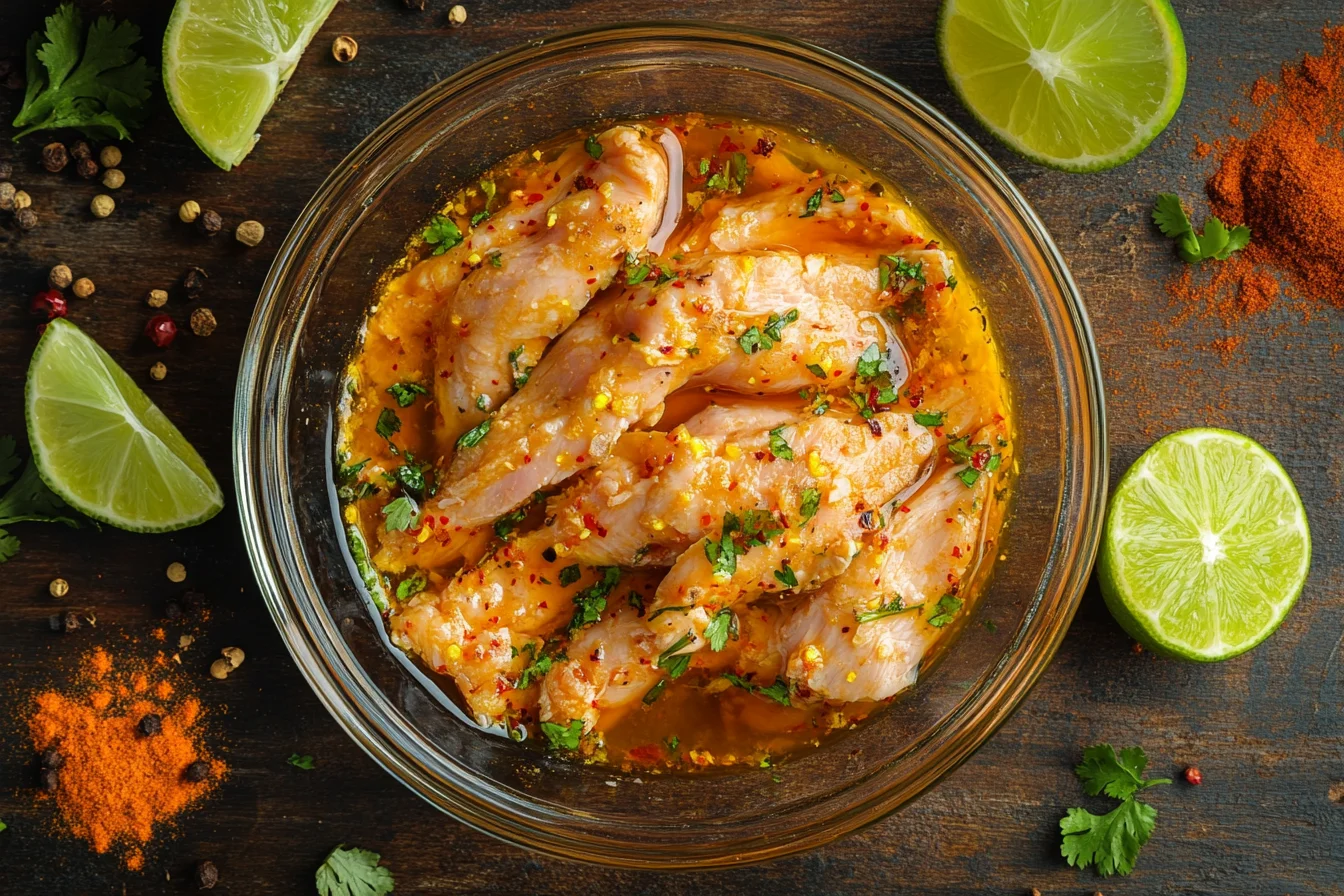 vibrant and close-up shot of raw chicken strips marinating