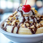 A vibrant and mouthwatering close-up shot of a banana split bowl