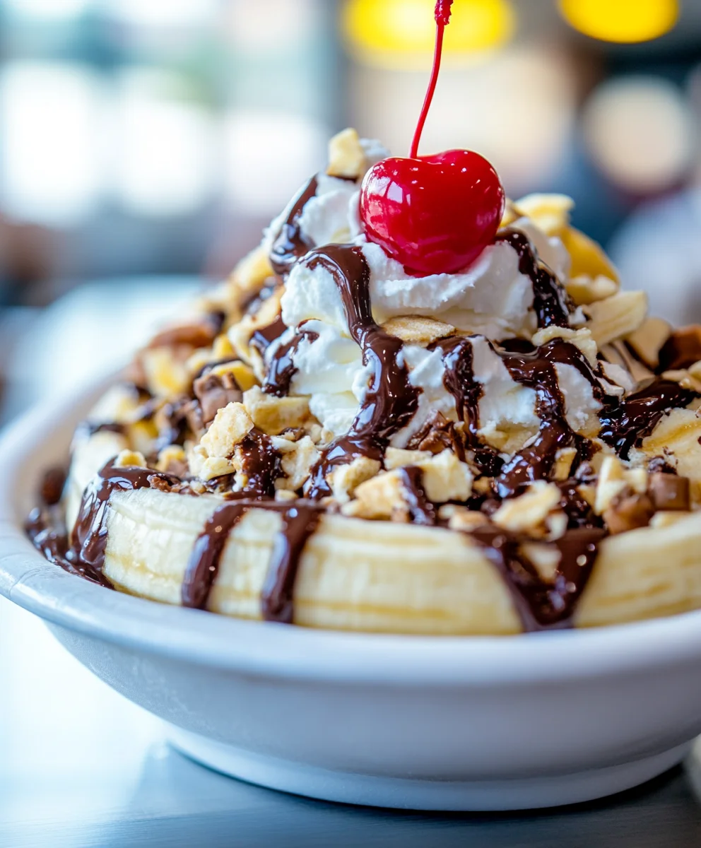 A vibrant and mouthwatering close-up shot of a banana split bowl