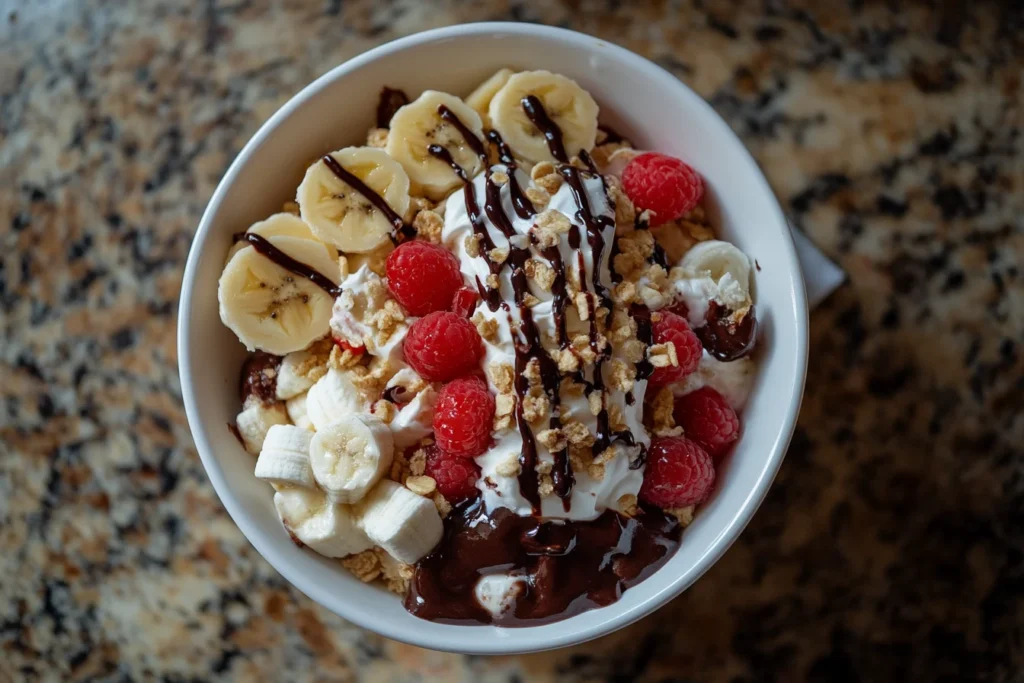 Top-down view of banana split bowl