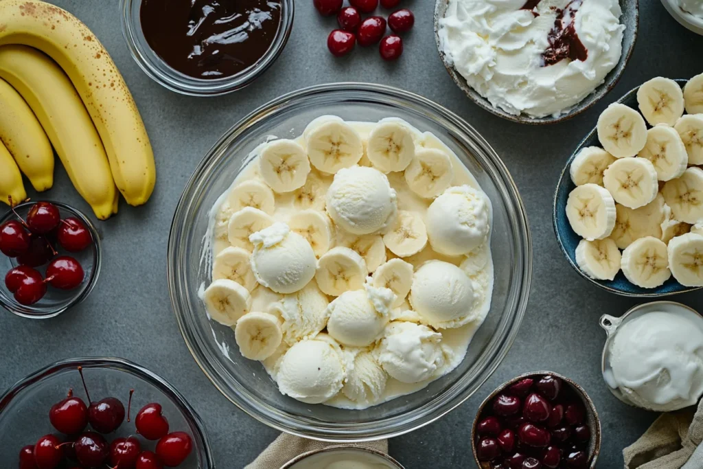 the ingredients to make banana split bowl